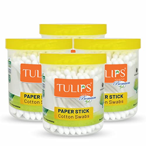 Tulips Premium Paper Stick Cotton Ear Buds (Pack Of 4) Pure & Soft Cotton, 100 Sticks/ 200 Tips Each Pack - White - Image 1