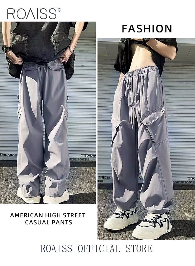 roaiss Fashionable Drawstring Thin Cargo Pants for Men Waist Straight Leg Loose Fit Streetwear Trousers with Flap Pockets with Retro Pleated Elements Mens Versatile Wide Leg Sports Pants - Image 2