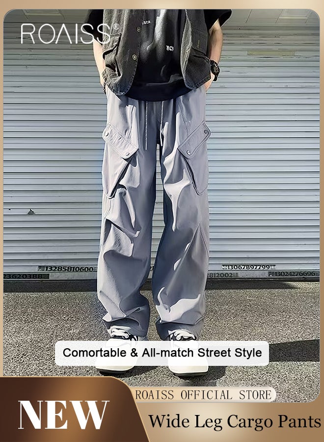 roaiss Fashionable Drawstring Thin Cargo Pants for Men Waist Straight Leg Loose Fit Streetwear Trousers with Flap Pockets with Retro Pleated Elements Mens Versatile Wide Leg Sports Pants - Image 1
