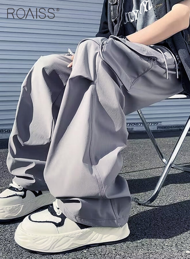 roaiss Fashionable Drawstring Thin Cargo Pants for Men Waist Straight Leg Loose Fit Streetwear Trousers with Flap Pockets with Retro Pleated Elements Mens Versatile Wide Leg Sports Pants - Image 3