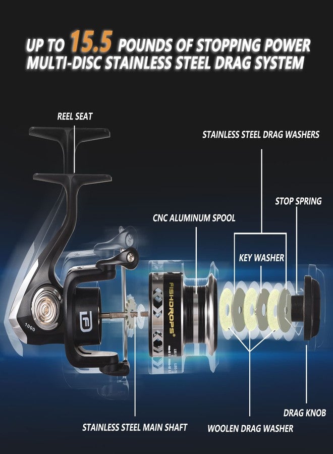 Fishdrops Fishing Reels Spinning, Lightweight Spinning Reel, 15.5 LBs Max Drag, 5.1:1/5.5:1 High Speed Ultra Smooth Powerful with CNC Aluminum Spool Spinning Reels Freshwater(Black/Gold) - Image 2