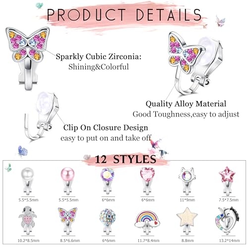 BESTEEL 12 Pairs Clip on Earrings for Women Cute CZ Cat Pearl Star Heart Turtle Butterfly Clip Earring Hypoallergenic Fake Clip-on Stud Non Pierced Earrings Set Multicolored Silver - Image 2