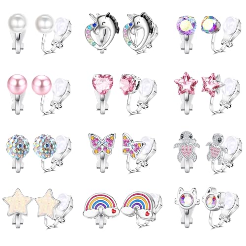 BESTEEL 12 Pairs Clip on Earrings for Women Cute CZ Cat Pearl Star Heart Turtle Butterfly Clip Earring Hypoallergenic Fake Clip-on Stud Non Pierced Earrings Set Multicolored Silver - Image 1