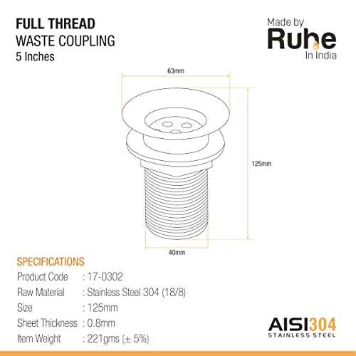Ruhe® Full Thread Waste Coupling (304 Grade) | Quick and Easy to Install | (5 Inches) - Image 2