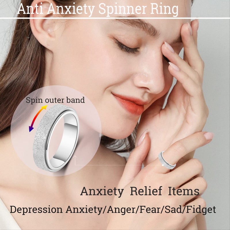 OreilleStar Titanium Stainless Steel Anxiety Ring for Women Men Fidget Toys Adults Spinner Ring 6mm Wide Size 8 Silver Band Ring Sandblasted Finish Outer Hand Polished Inner - Image 3
