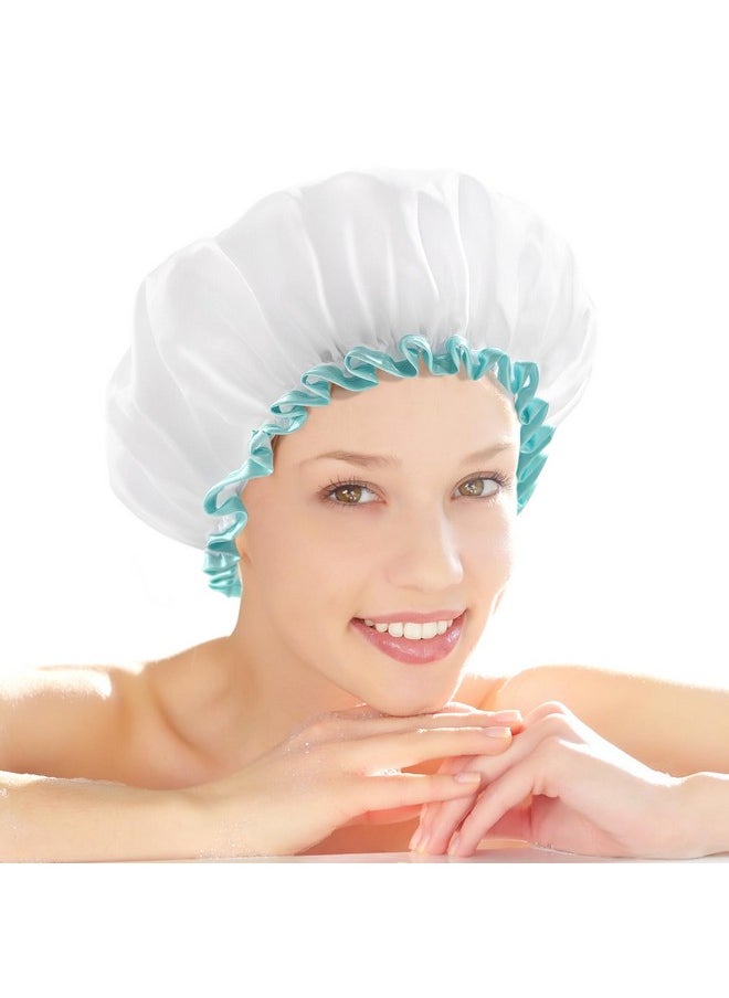 mikimini White Shower Cap For Long Hair 1 Pack 12 Inch Large Sizewaterproof Washable Hair Caps For Women And Girls Super Cute And Extra Large  - Image 2