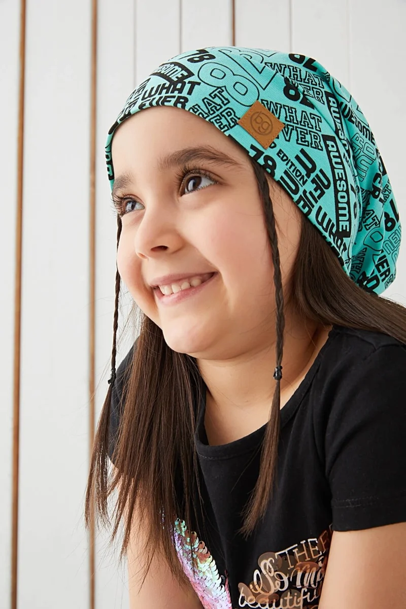 بيبيجيز Girl Turquoise Black Yarn 4 Season Hat Beanie Buff Soft Combed Cotton
