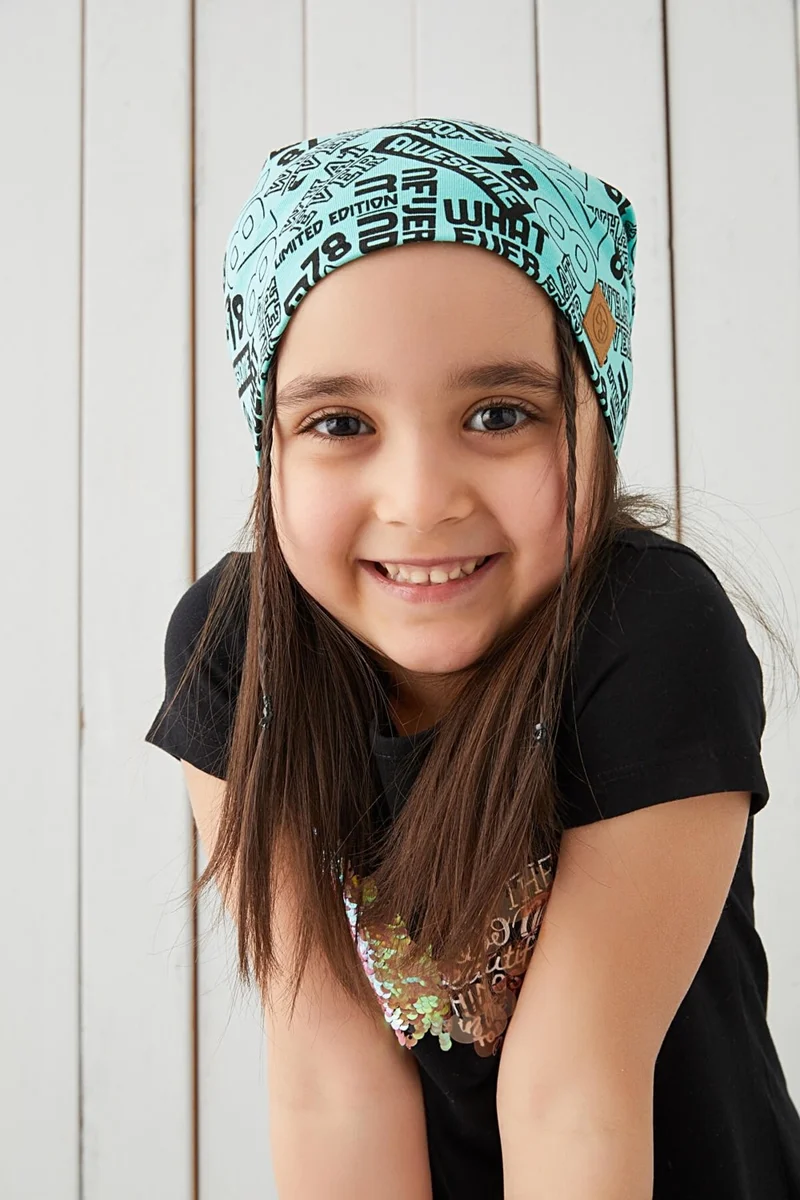 بيبيجيز Girl Turquoise Black Yarn 4 Season Hat Beanie Buff Soft Combed Cotton