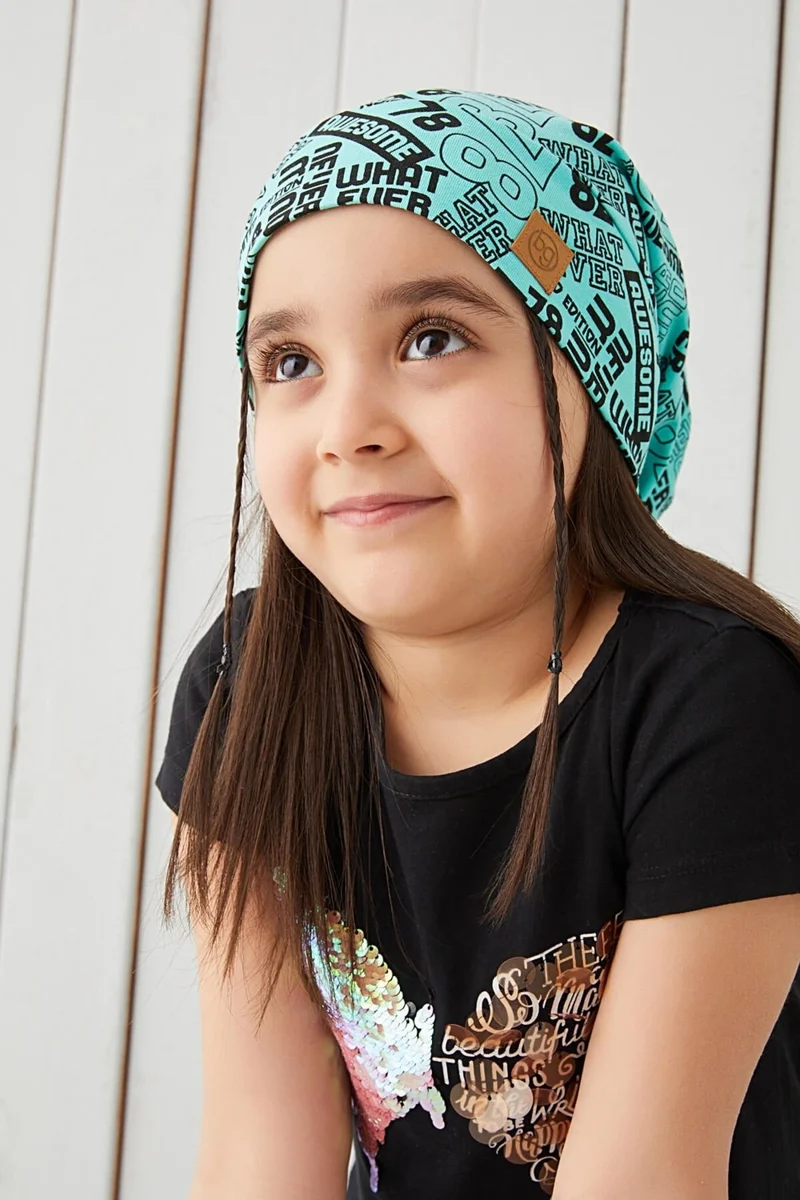 بيبيجيز Girl Turquoise Black Yarn 4 Season Hat Beanie Buff Soft Combed Cotton