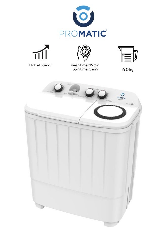 غسالة بروماتيك حوضين سعة 6 كيلو موديل NWT-006 — تصميم عملي، أداء غسيل قوي، موفرة للماء والطاقة، مناسبة للاستخدام المنزلي اليومي