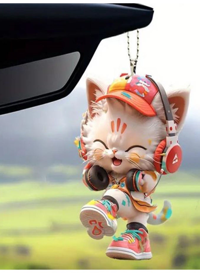 تعليقة مرآة السيارة فريدة وجذابة على شكل قط يرتدي سماعة وملابس ملونة
