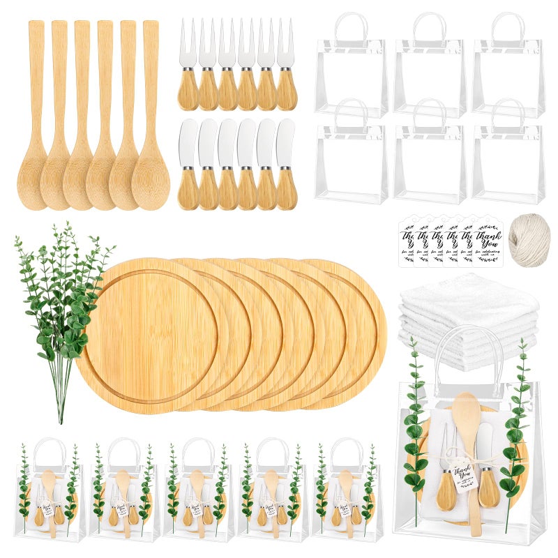 KBDHYY 55Pcs Baby Shower Prizes for Game Winners Adults 6 Sets Wedding Bridal Party Favors for Guests with Bamboo Cheese Board Butter Spreaders Forks Kitchen Towels Thank You Giftï¼ˆRoundï¼‰ - Image 1