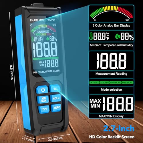 TRAKLUME Wood Moisture Meter for Lumber Pinless Moisture Tester for Drywall with Colorful Screen Moisture Sensor for House Firewood Moisture Detector for Walls Moisture Reader for Wood Wall Water Leak Detector - Image 4