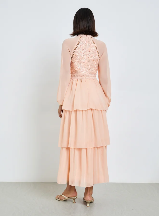 Styli  Peach Lace Tiered Maxi Dress for Women | Best Price UAE