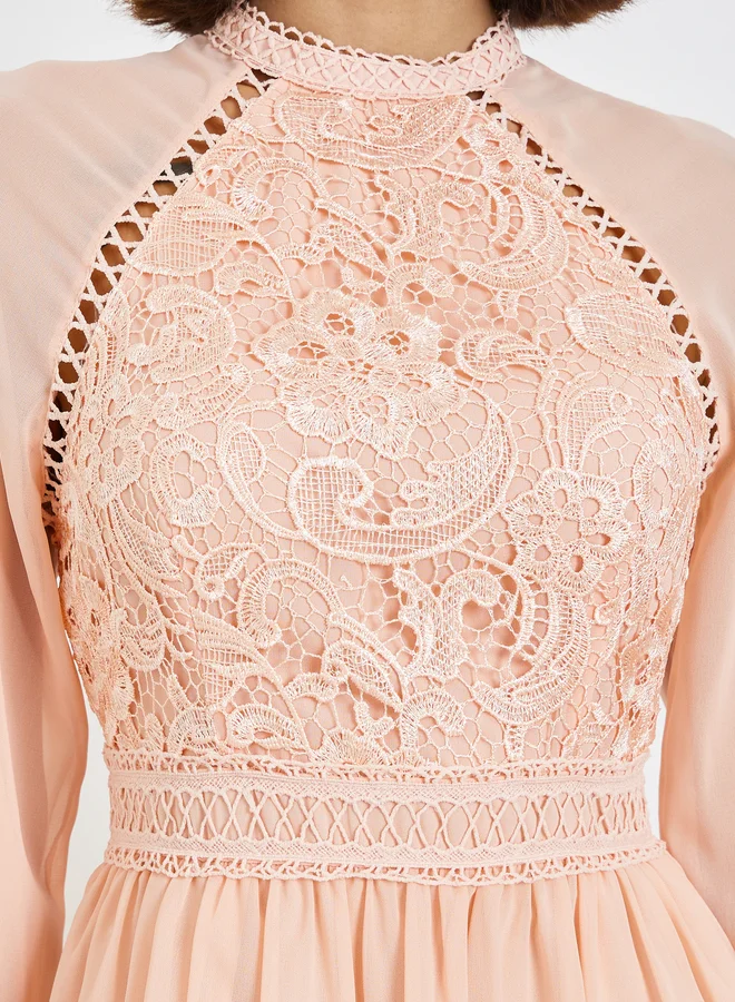 Styli  Peach Lace Tiered Maxi Dress for Women | Best Price UAE