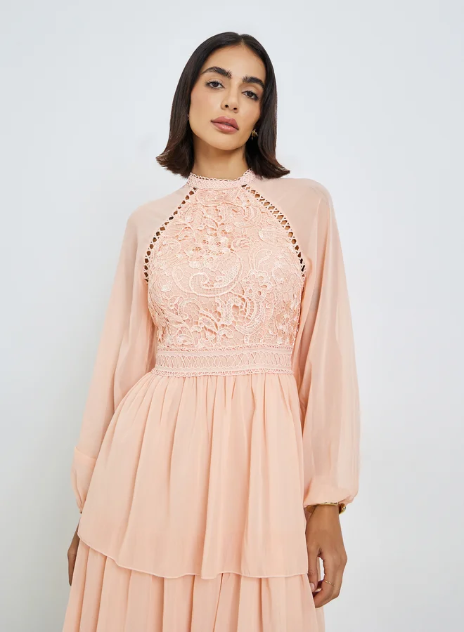 Styli Peach Lace Tiered Maxi Dress