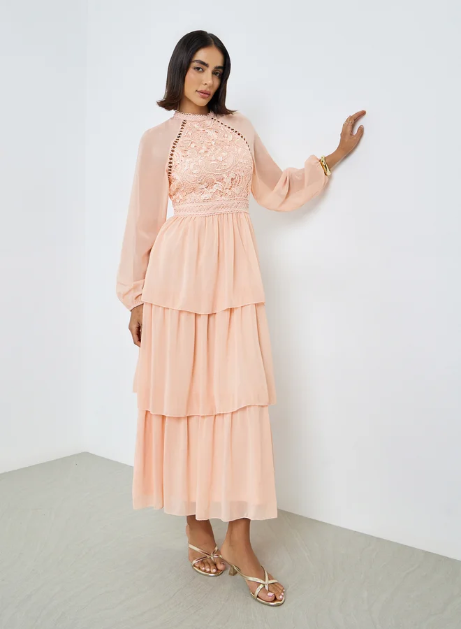 Styli Peach Lace Tiered Maxi Dress