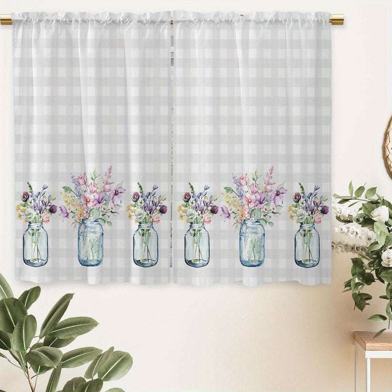 2pcs Floral Glass Jar Gingham Background Short Curtains W27.5xH24in 70x60cm Rod Pocket Decor For Kitchen Bedroom Small Window - Image 2