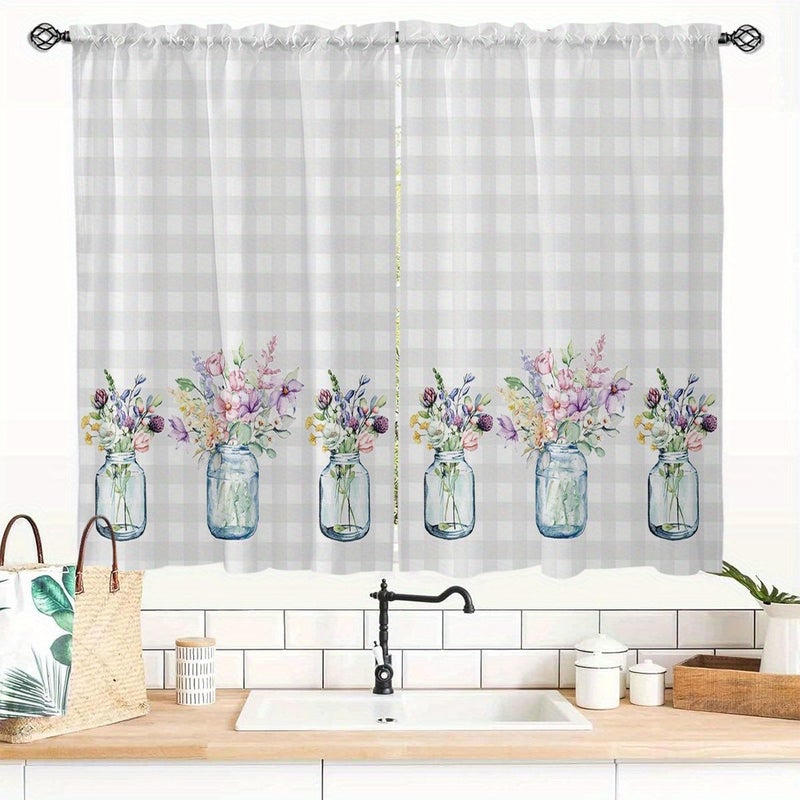 2pcs Floral Glass Jar Gingham Background Short Curtains W27.5xH24in 70x60cm Rod Pocket Decor For Kitchen Bedroom Small Window - Image 1