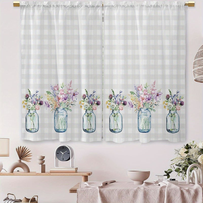 2pcs Floral Glass Jar Gingham Background Short Curtains W27.5xH24in 70x60cm Rod Pocket Decor For Kitchen Bedroom Small Window - Image 4