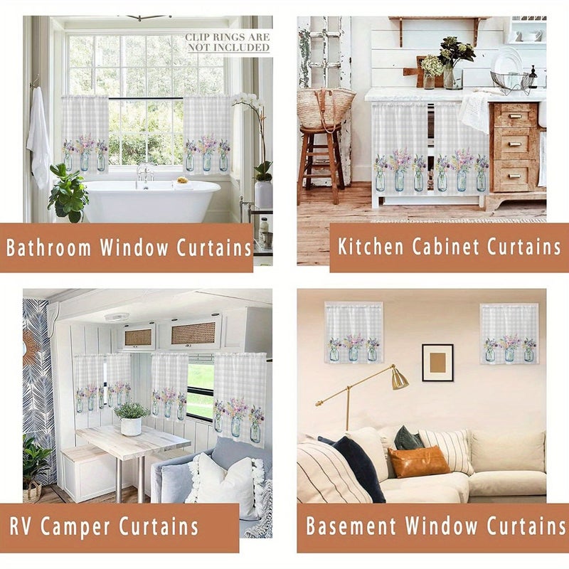 2pcs Floral Glass Jar Gingham Background Short Curtains W27.5xH24in 70x60cm Rod Pocket Decor For Kitchen Bedroom Small Window - Image 5