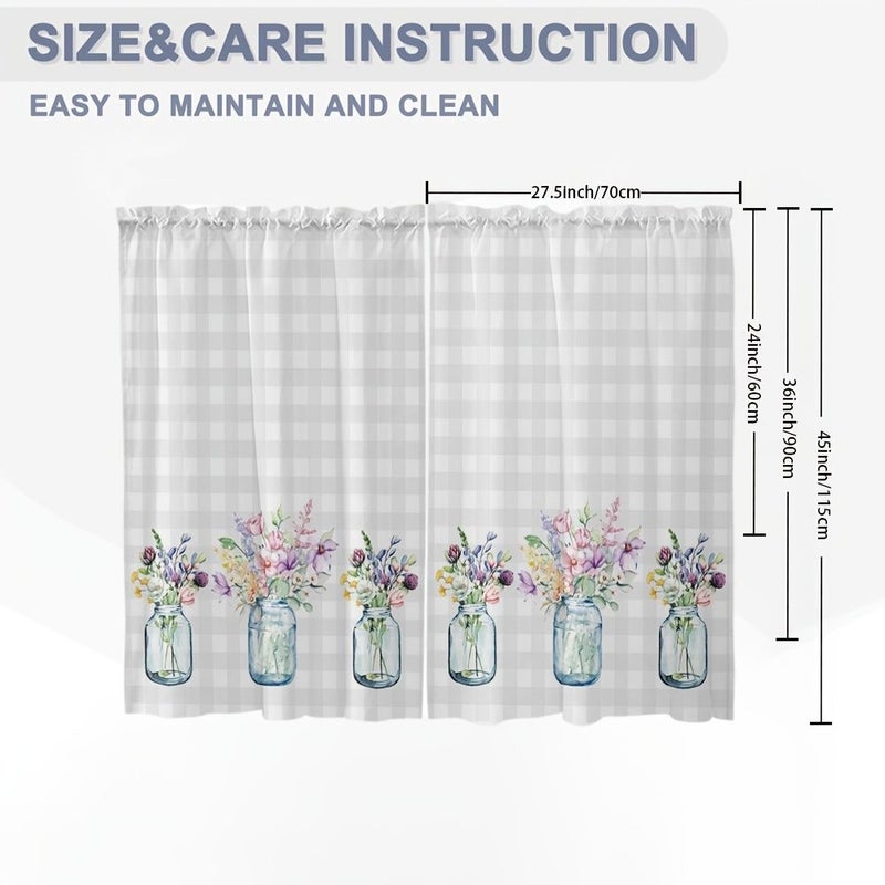 2pcs Floral Glass Jar Gingham Background Short Curtains W27.5xH24in 70x60cm Rod Pocket Decor For Kitchen Bedroom Small Window - Image 3
