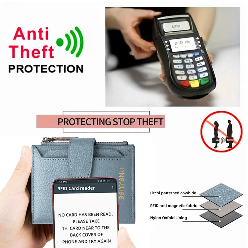 بانيانو محافظ نسائية صغيرة وأنيقة، مزودة بتقنية RFID مضادة للسرقة، مصنوعة من الجلد الطبيعي، قابلة للطي، مع نافذة لبطاقة الهوية (عنابي) - Image 5