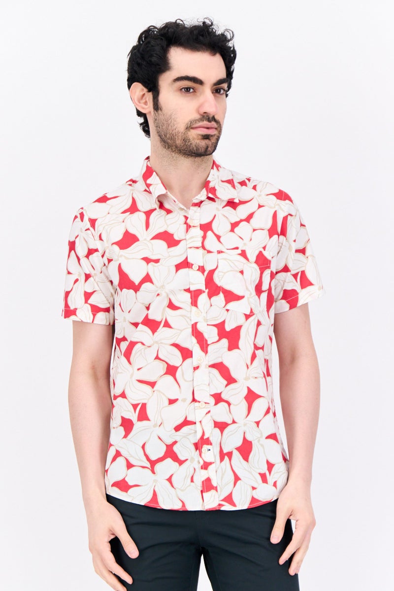 GAP قميص رجالي بقصة ضيقة مزخرف بطبعة زهور بأكمام قصيرة، أحمر - Image 1