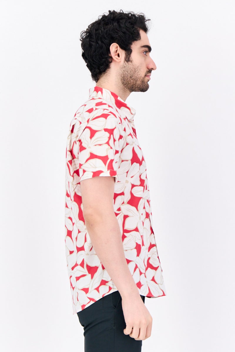 GAP قميص رجالي بقصة ضيقة مزخرف بطبعة زهور بأكمام قصيرة، أحمر - Image 4