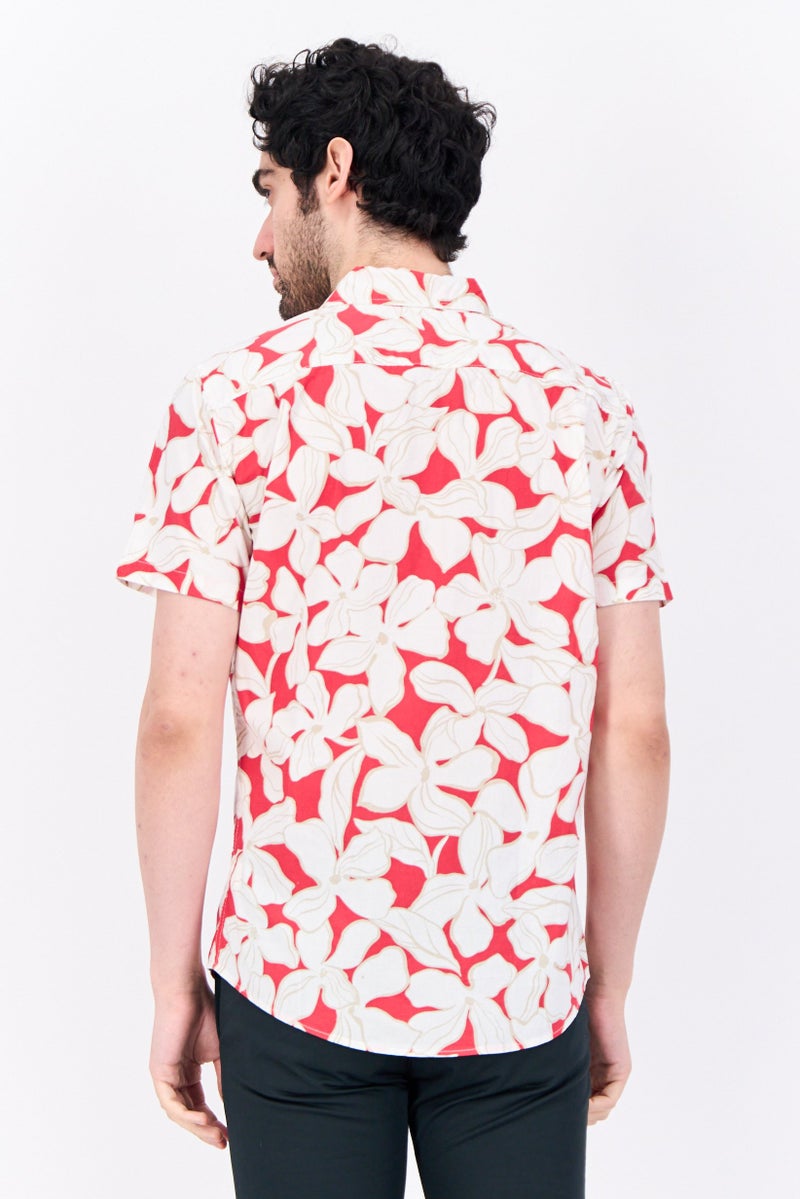 GAP قميص رجالي بقصة ضيقة مزخرف بطبعة زهور بأكمام قصيرة، أحمر - Image 3