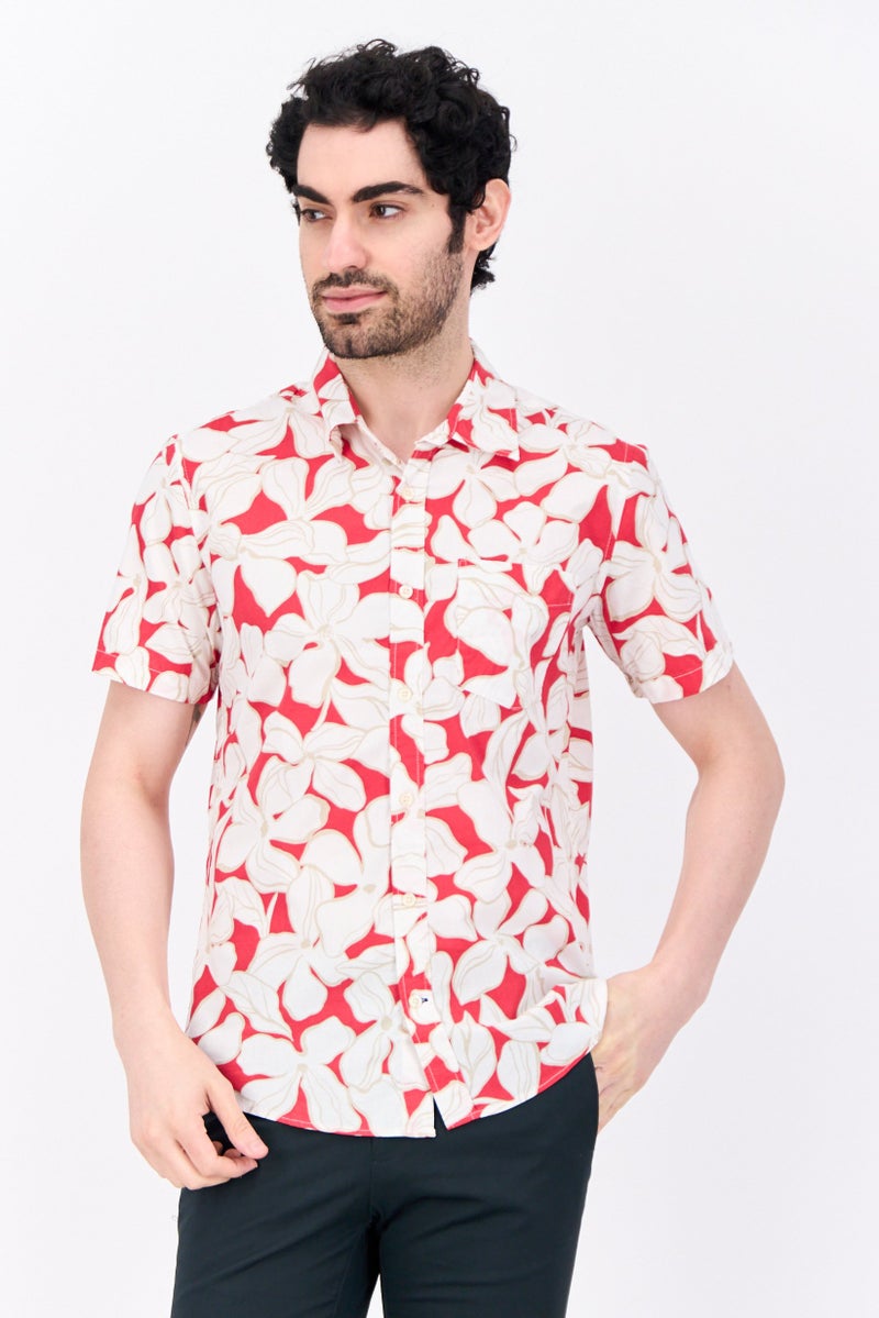 GAP قميص رجالي بقصة ضيقة مزخرف بطبعة زهور بأكمام قصيرة، أحمر - Image 2