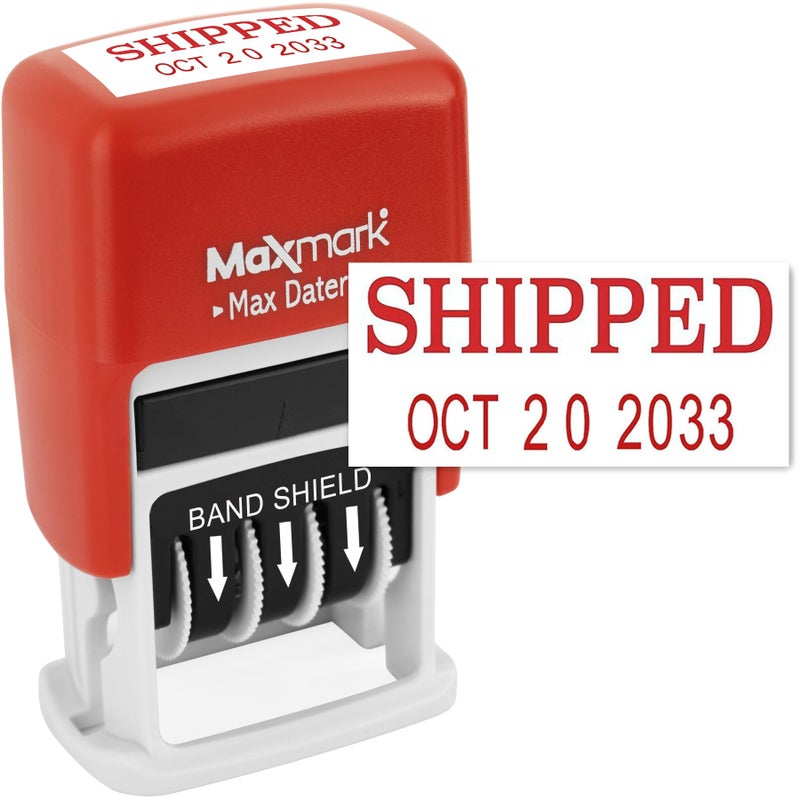 MaxMark SelfInking Rubber Date Office Stamp with Shipped Phrase  Date  RED Ink Max Dater II 12Year Band