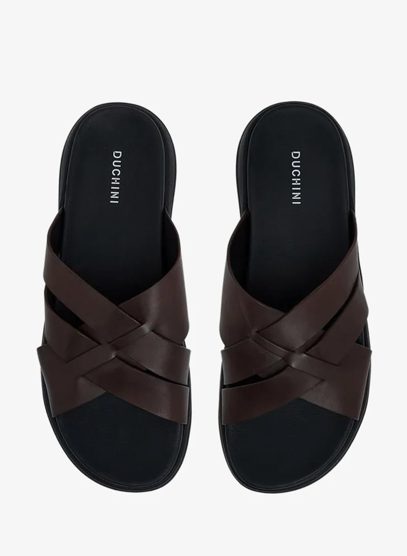 DUCHINI Men Leather Cross Strap Sandals
