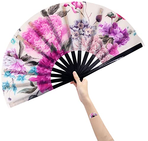 Amajiji Amajiji Large Folding Hand Rave Fan Popping Fan for Line Dancing Clacking Fans for Boots On The Ground DancePartyDecorationFestival Peony Flower 