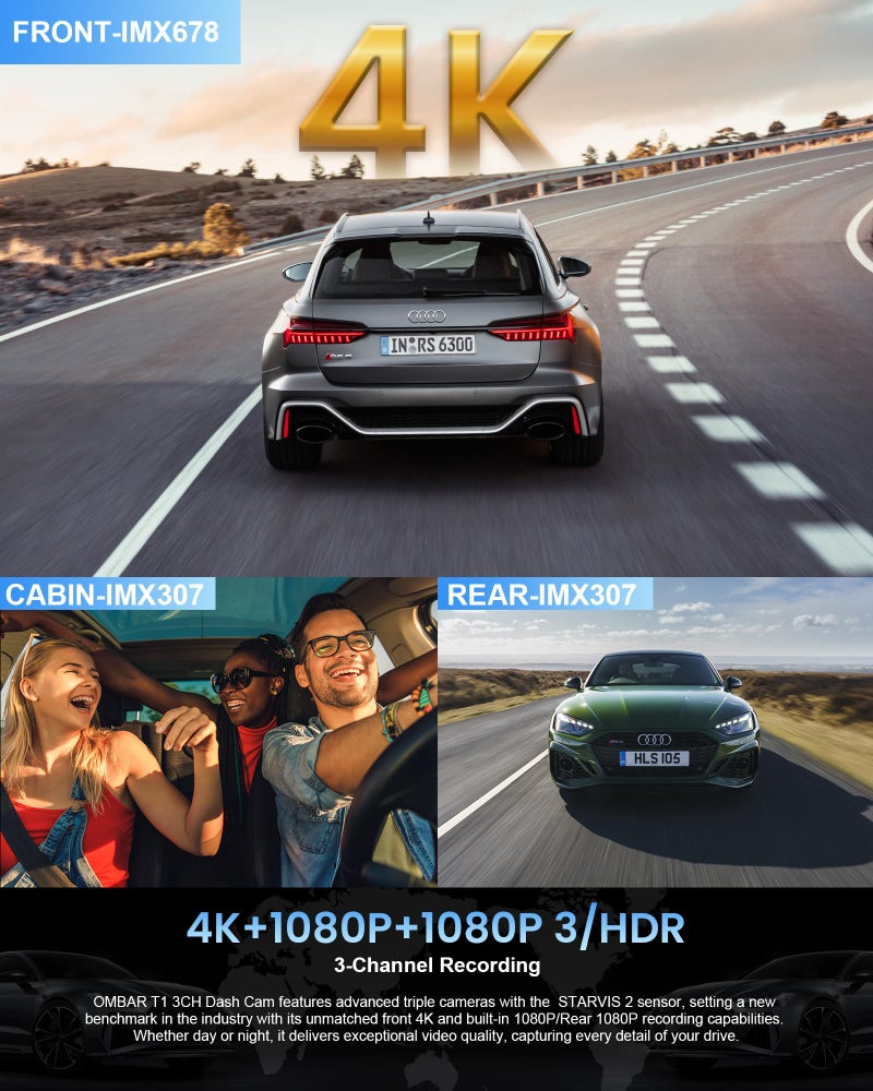 OMBAR T1 4K 3 Channel Dash Cam, STARVIS 2 IMX678 Sensors, Free 128GB Card, 2025 New Full Color HDR Night Vision, 4K+1080P+1080P Triple Car Camera,5G WiFi, 24H Parking Mode, Support 512GB Max - Image 3