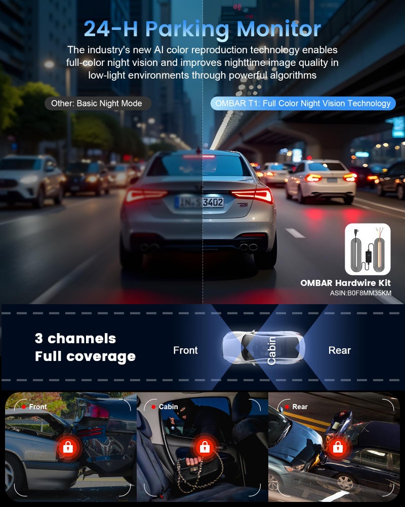 OMBAR T1 4K 3 Channel Dash Cam, STARVIS 2 IMX678 Sensors, Free 128GB Card, 2025 New Full Color HDR Night Vision, 4K+1080P+1080P Triple Car Camera,5G WiFi, 24H Parking Mode, Support 512GB Max - Image 4