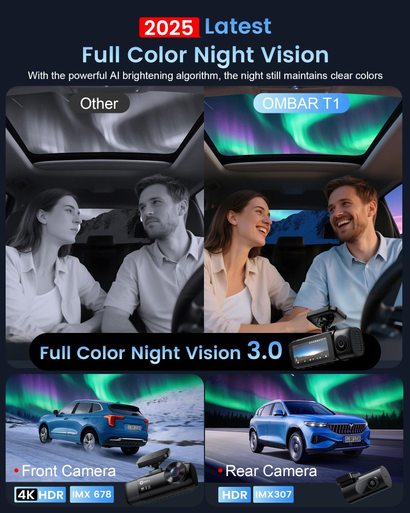 OMBAR T1 4K 3 Channel Dash Cam, STARVIS 2 IMX678 Sensors, Free 128GB Card, 2025 New Full Color HDR Night Vision, 4K+1080P+1080P Triple Car Camera,5G WiFi, 24H Parking Mode, Support 512GB Max - Image 2
