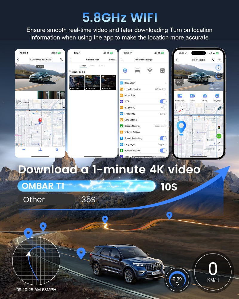 OMBAR T1 4K 3 Channel Dash Cam, STARVIS 2 IMX678 Sensors, Free 128GB Card, 2025 New Full Color HDR Night Vision, 4K+1080P+1080P Triple Car Camera,5G WiFi, 24H Parking Mode, Support 512GB Max - Image 5