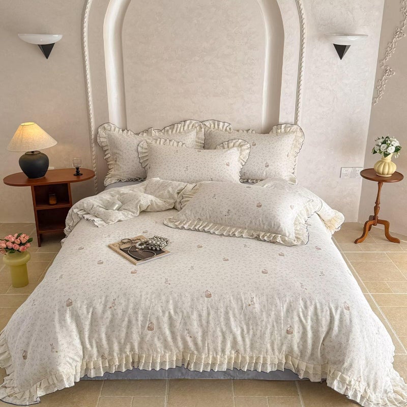 AMZTOP Rabbit Floral Duvet Cover Set 100% Muslin Cotton Gauze Bedding Set,1 Full Size Duvet Cover with 2 Pillowcases with Ruffles,All Season Lightweight Breathable Soft Quilt Covers Baby Kids 80"Ã—90" - Image 2