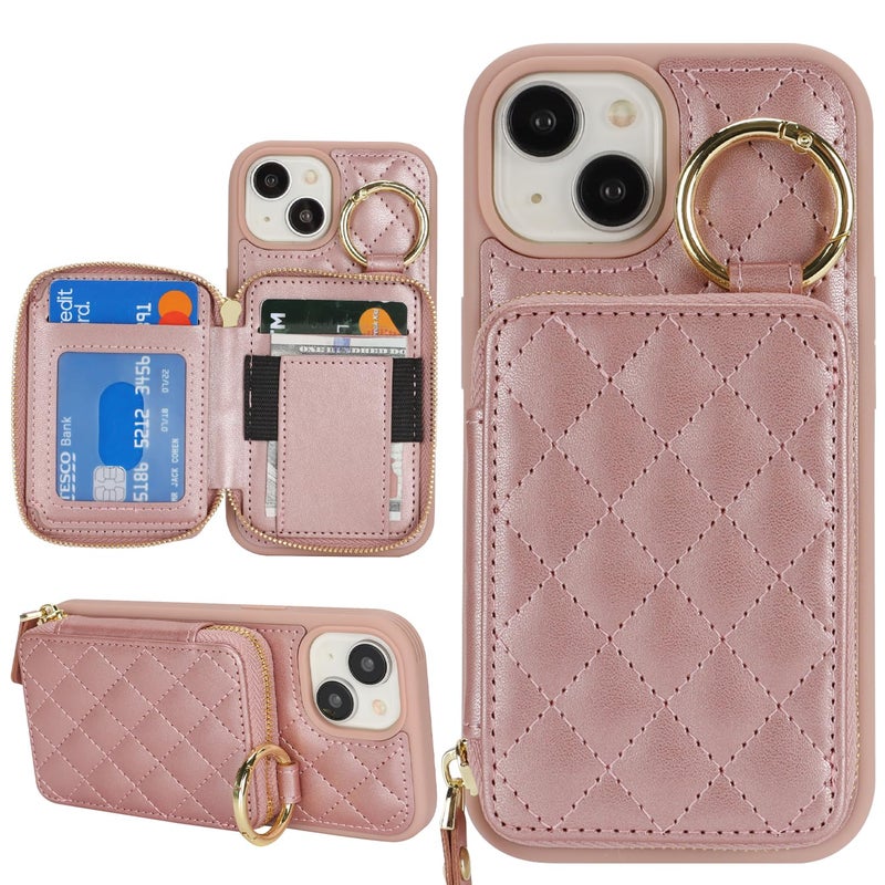 Hamany for iPhone 13 Case Wallet with Card Holder,for iPhone 13 Phone case Wallet with Zipper with Slot Kickstand Stand Case for Women and Man 5G 6.1 Inch-Rose Gold - Image 1