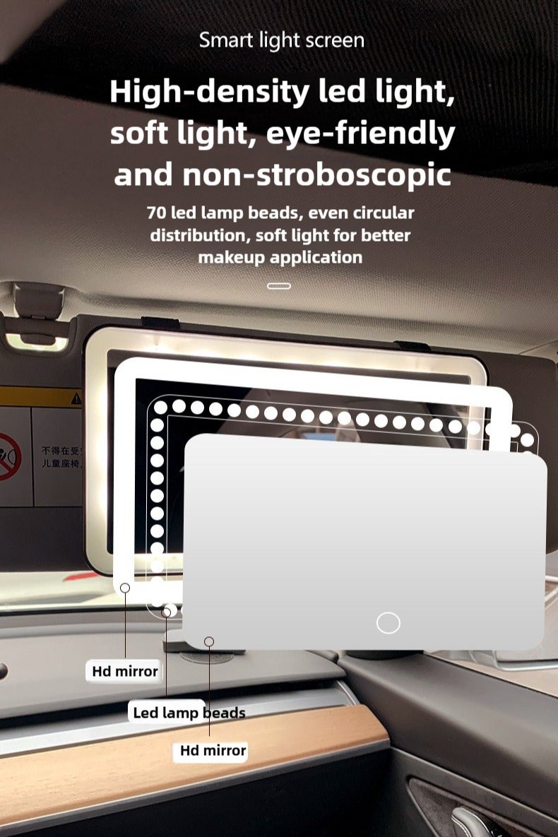 White Magnifier Car Mirror - Touch 3-Color Light, Visor Strap, HD Shatterproof - Image 2