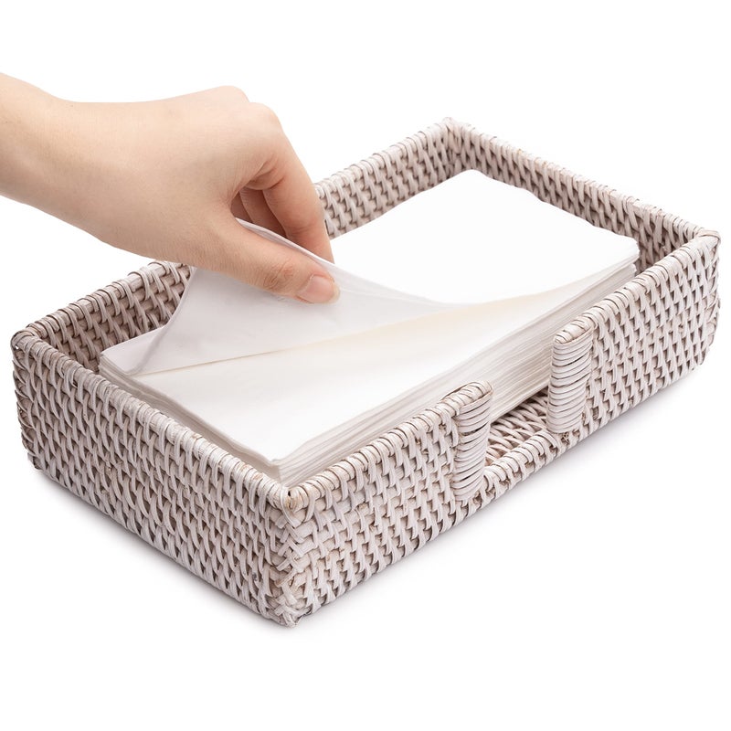 Rattan Guest Towel Holder For Bathroom Towel Caddy Rectangular Napkin Tray Wicker Toilet Tank Basket White Wash 94 x 59 x 24 inches Tissue Paper Hand Towels Storage Luncheon Kitchen Countertop
