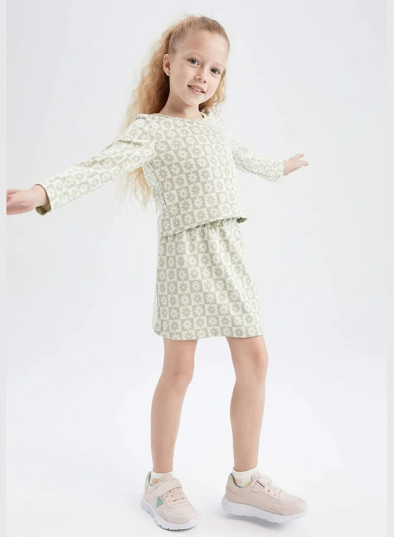 DeFacto Long Sleeve Flower Print T-Shirt & Mini Skirt Set