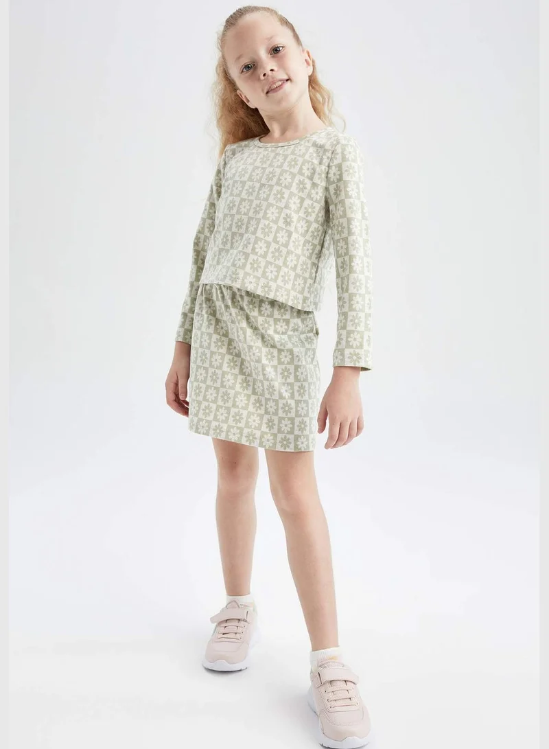DeFacto Long Sleeve Flower Print T-Shirt & Mini Skirt Set