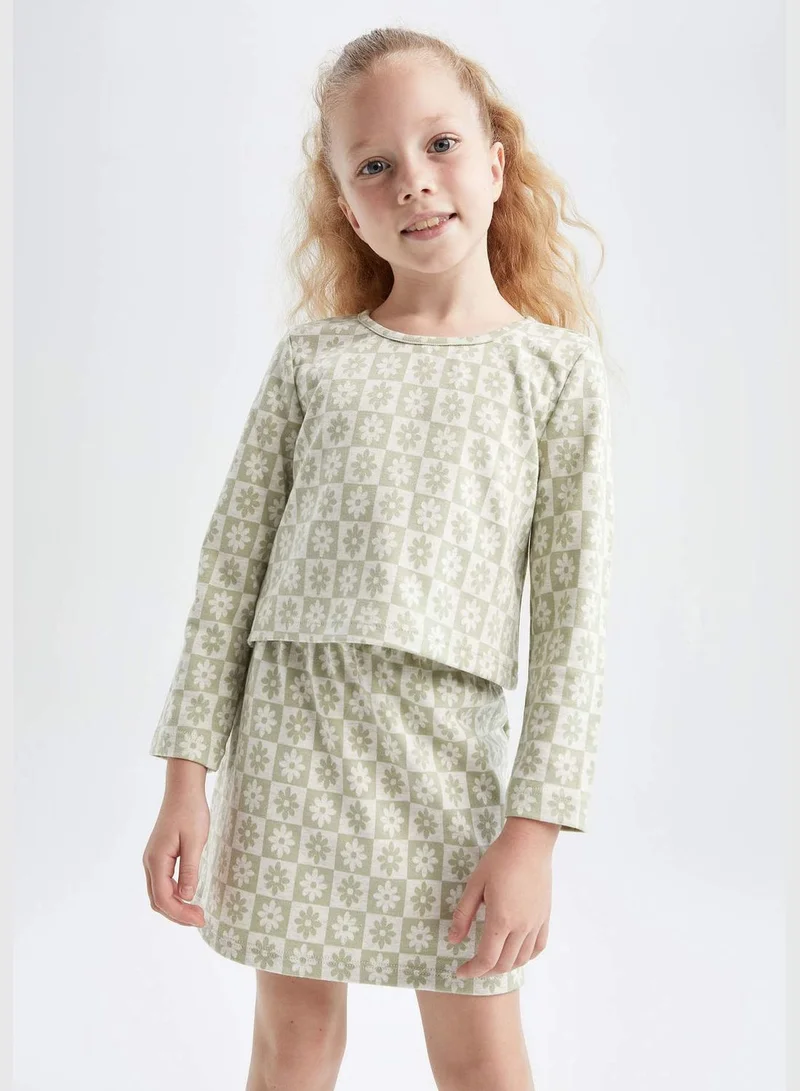 DeFacto Long Sleeve Flower Print T-Shirt & Mini Skirt Set