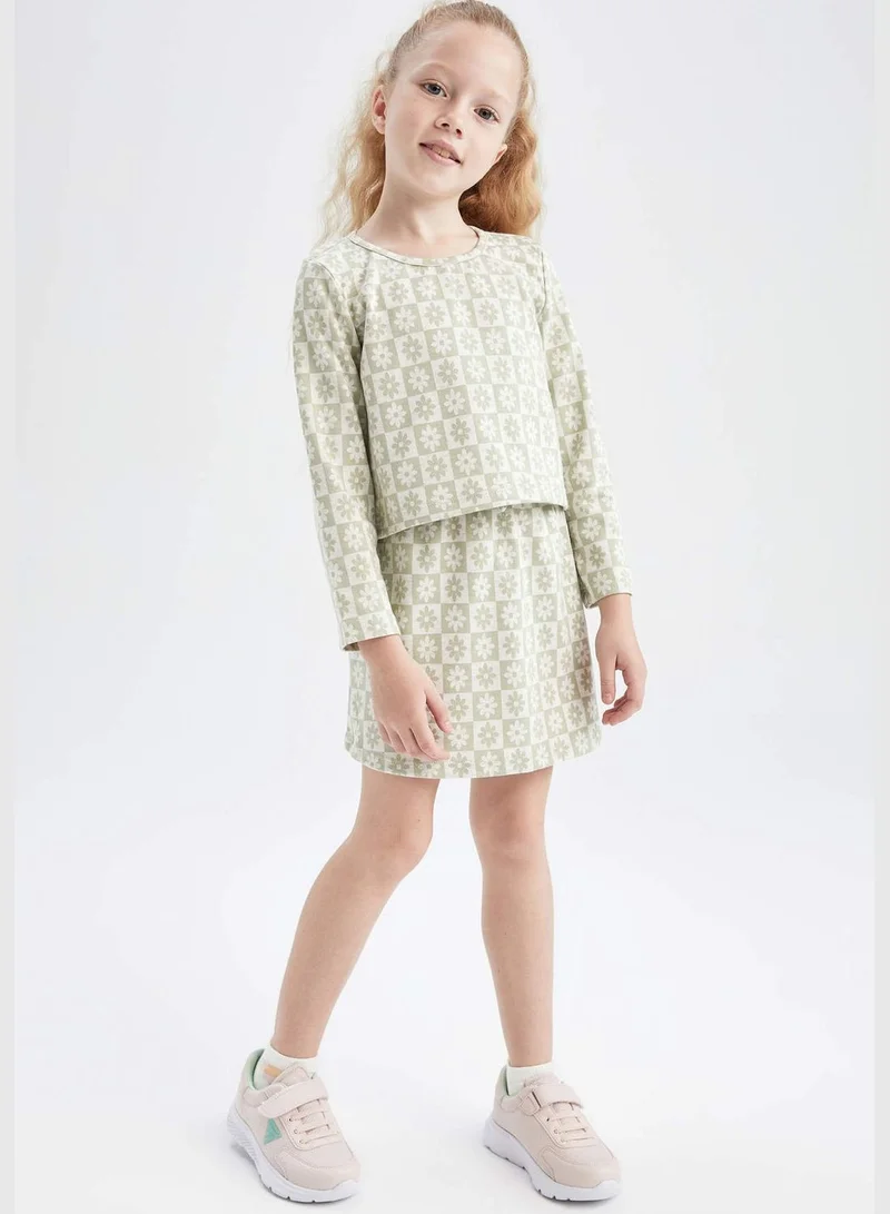 DeFacto Long Sleeve Flower Print T-Shirt & Mini Skirt Set