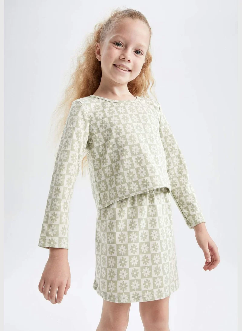 DeFacto Long Sleeve Flower Print T-Shirt & Mini Skirt Set