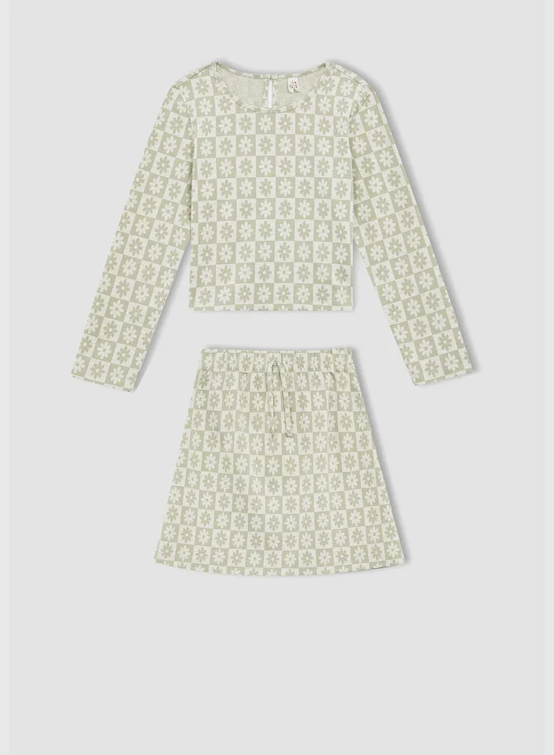 DeFacto Long Sleeve Flower Print T-Shirt & Mini Skirt Set