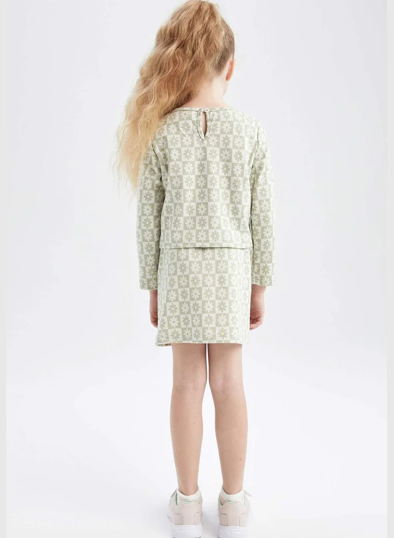 DeFacto Long Sleeve Flower Print T-Shirt & Mini Skirt Set