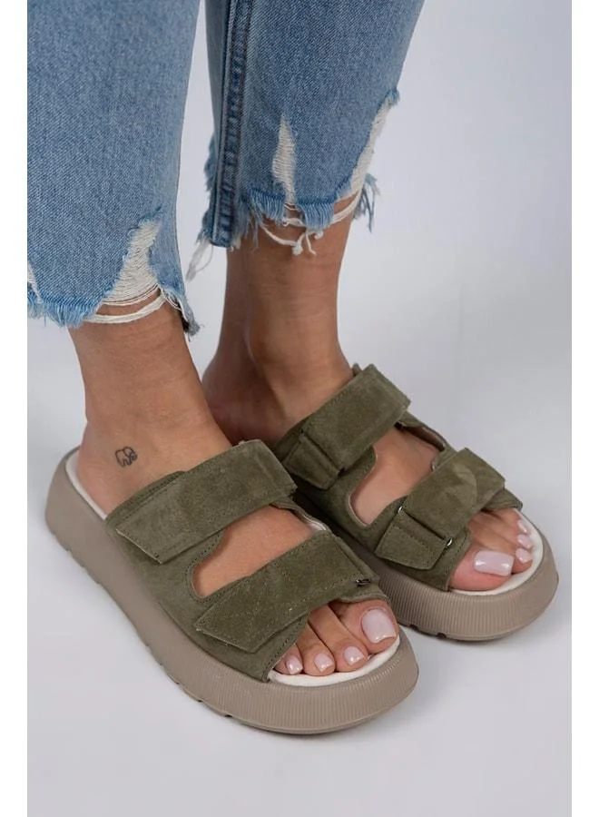Manijero  Farah Women's Genuine Leather Double strap Çağla Green Suede - Beige Sandal. for Women | Best Price UAE